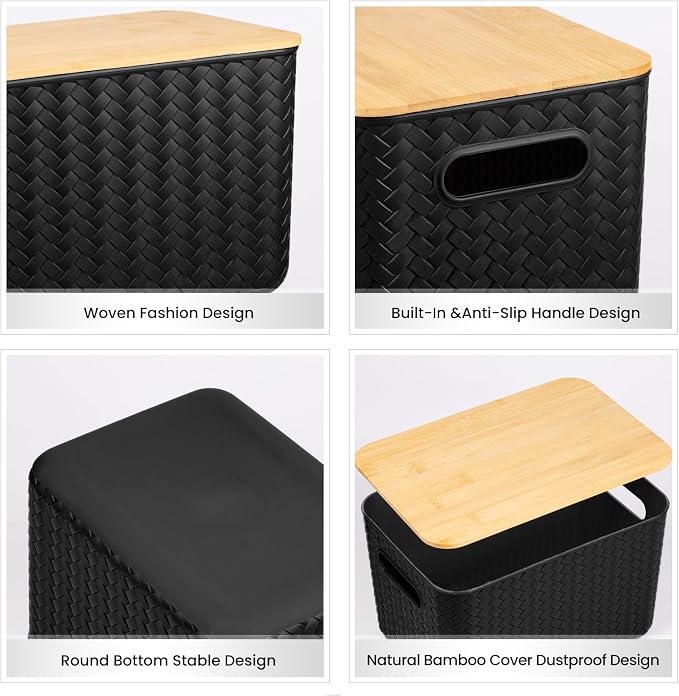 Ohmlove 4 Packs Storage Bins with Bamboo Lids - Plastic Storage Containers with Lids Stackable Storage Box: Storages Baskets for Organizing Desktop Closet Playroom Classroom Office, Black
