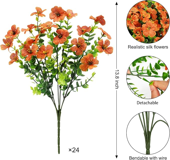 Ouddy Decor 24 Pcs Artificial Fall Flowers, Fake Mums for Outdoors, Orange | Lifelike faux mums, silk flower, UV resistant, no-maintenance, for autumn Thanksgiving garden porch yard indoor outdoor decor