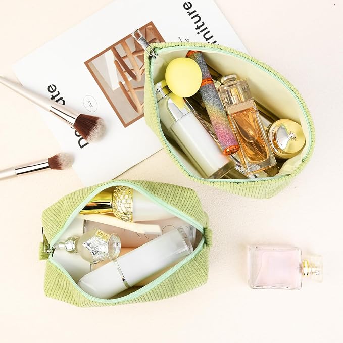 SOIDRAM 2 Pcs Corduroy Makeup Bag Large Cosmetic Bag Toiletry Bag Makeup Pouch Travel Bag Organizer Cute Makeup Brushes Aesthetic Accessories Storage Bag for Women Light Green