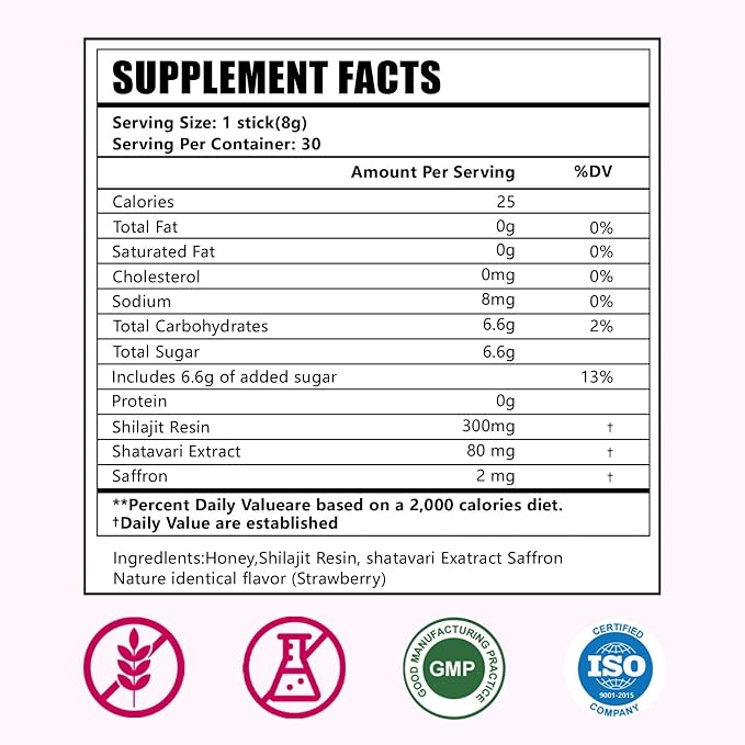 Shilajit Honey Sticks for Women with Shatavari & Saffron | 75%+ Fulvic Acid & 85+ Trace Minerals for Hormonal Balance, Energy, Focus & Stamina | Strawberry Flavor, 30 Count.