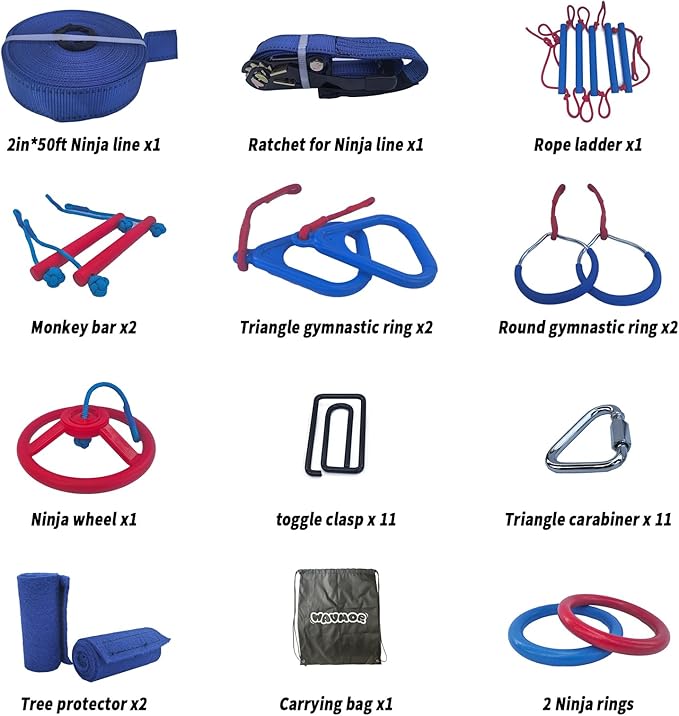 Ninja Warrior Obstacle Course for Kids Backyard-1×50ft Slackline Kit with 10 Most Complete Accessories for Boys & Girls, Rope Ladder, Gymnastic Ring, Arm Trainer and Monkey Fist