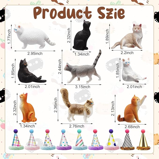 18 Pcs Cat Birthday Party Decorations Mini Birthday Hat Animal Figure Model Cake Toppers with Mini Hat for Birthday Party, Animals Themed Party