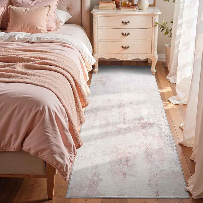 2x6 Ft Washable Runner Rug, Non-Slip Low Pile Hallway Kitchen Area Rug, Soft Long Entryway Floor Mat Abstract Pattern Carpet for Bedside & High-Traffic Areas (Pink)