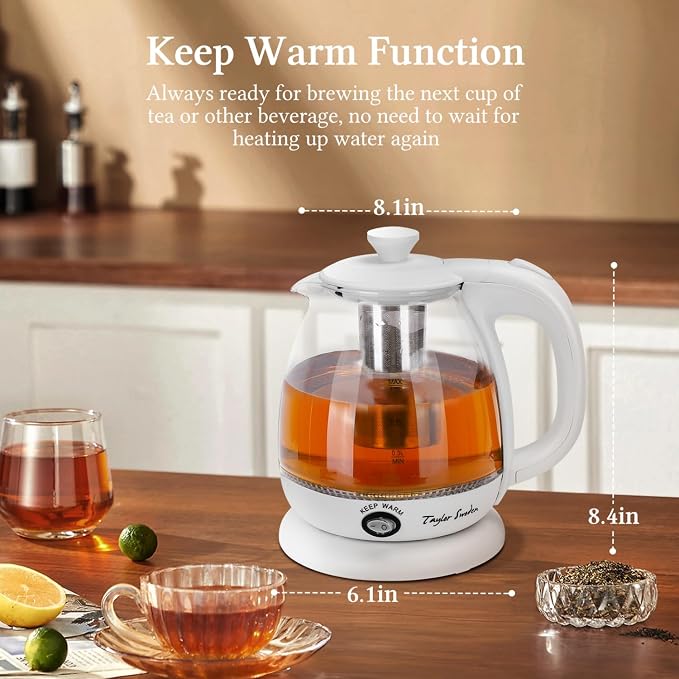Taylor Swoden Electric Kettle With Tea Infuser, 1L Small Electric Kettle With Keep Warm, LED Light Hot Water Boiler & Heater For Coffee & Tea, Auto Shut-Off & Boil Dry Protection, Bpa Free, White