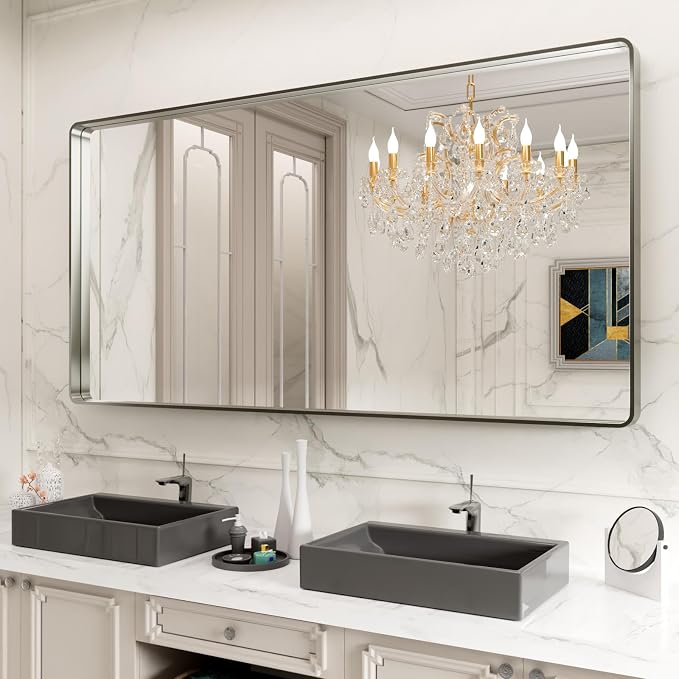 LOAAO 72X36 Inch Brushed Nickel Bathroom Mirror, Rounded Rectangle Silver Metal Frame Mirror, Brushed Nickel, Anti-Rust, Shatter Proof, Hangs Horizontally or Vertically | Rounded Rectangle, Silver Metal Frame, Anti-Rust, Tempered Glass, Hangs Horizonta...