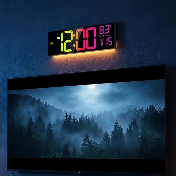 JALL 16" Large Digital Wall Clock with RGB Colors, Wall Clock for Living Room Classroom, Digital Clock with Temperature Timer, Classroom Decor for Teacher and School (Black, 16 inches)
