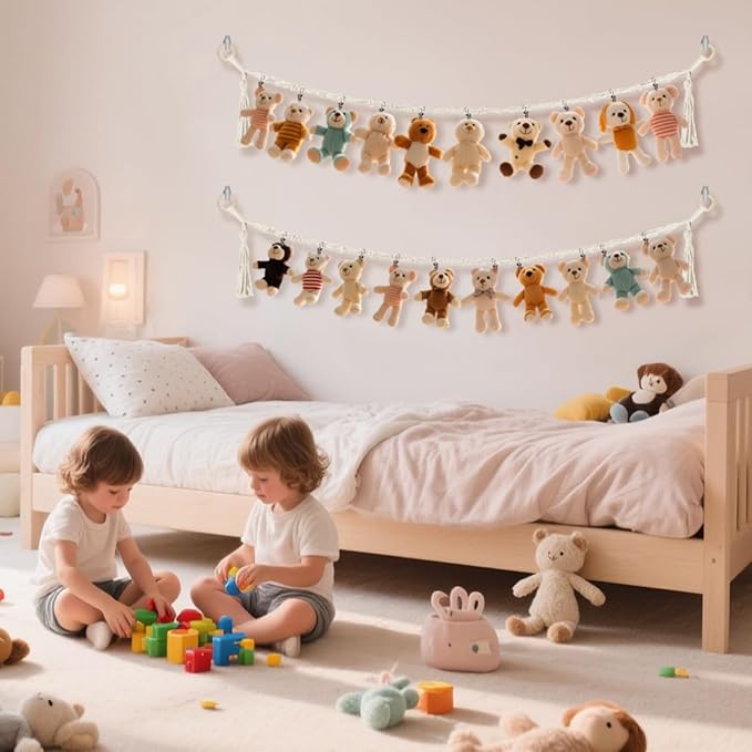 1/2 pcs 80" Cotton Hanging Storage Chain For Stuffed Animals Storage with 20 Metal Clips, Stuffed Animal Organizer Chain for Wall Corner Nursery Play Room, White