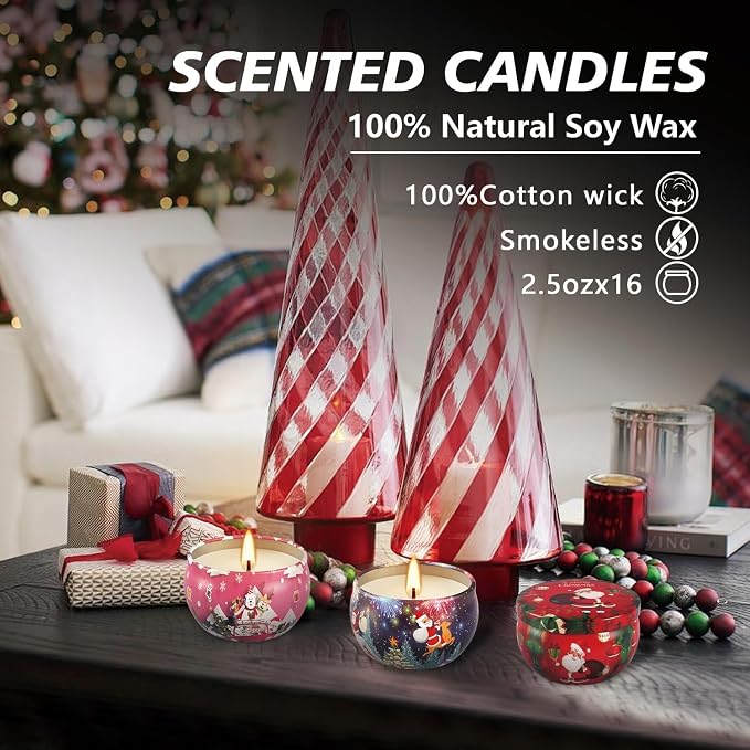 YOROXRG 16 Pack Christmas Scented Candles Gift Set 2.5oz Strong Fragrance jar Candles Natural Soy Wax Candles Portable Travel Tin Jar Candles Gifts for Home Scented Decoration Birthday Valentine'sDay