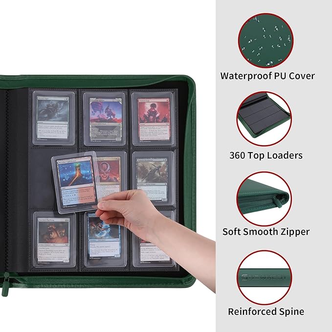 Snekdy Top loader Binder, 9 Pockets Top Loader，Holds 360 Top Loaders cards, Card binder with Sleeves for card in 3 x 4 inch color smooth Zipper PU Leather (Green)