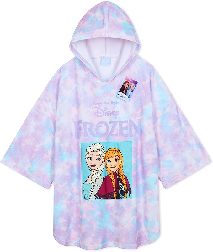 Disney Stitch Bath Towel with Hood for Kids Teenagers Absorbent Cozy Poncho Hooded Beach Towel Wrap for Beach Pool Swimming Bath Vacation Essentials (Purple/Blue Frozen, 5-9 Years)