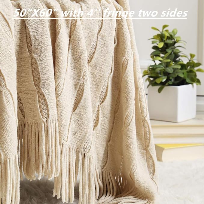 CREVENT Home Decor Rustic Couch Sofa Chair Bed Throw Blanket, Soft Warm Cozy Light Weight for Travelling, Giftable for Christmas(50''X60'' Beige/Ivory)