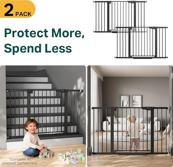 Cumbor Pack of 2 Extra Wide Baby Gate for Stairs, 29.7–51.5" Pressure Mounted Dog Gate for Doorways, Auto Close Safety Pet Gate, Easy Walk Thru Wide Child Gate, Black, Mom's Choice Award Winner