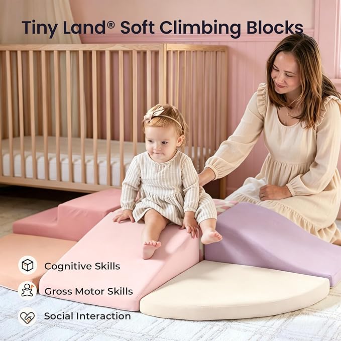 Tiny Land Soft Foam Climbing Blocks for Toddlers, 6-Piece Baby Foam Climbing Blocks, Indoor Playground Climbing Toys, Ideal Gift for Kids Activity Crawling and Sliding Foam Play Set (Pink Pastel)