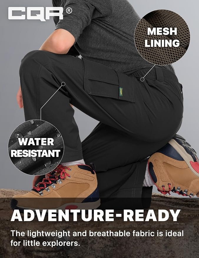 CQR Kids Boy’s Hiking Cargo Pants, Water Resistant UPF 50+ Quick Dry Youth Casual Outdoor Climbing Camping Trousers