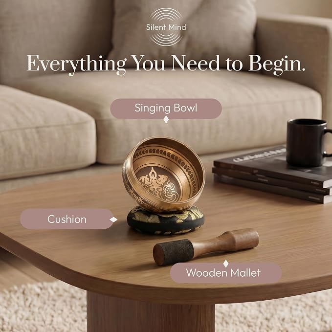 Silent Mind Tibetan Singing Bowl Set – Easy to Play & Beginner Friendly Meditation Bowl with Cushion & Mallet | Stress Relief & Mindfulness | Gift-Ready