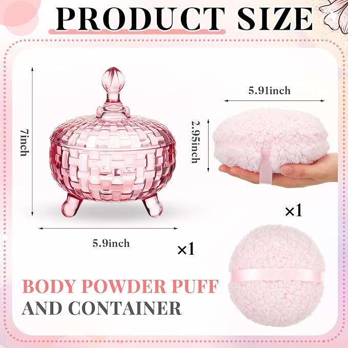 Tioncy 2 Pcs Extra Large Dusting Powder Puff and Container for Women-6'' Glass Crystal Dusting Powder Container with Body Soft Washable Reusable Velour Face(Pink,Weave Design)