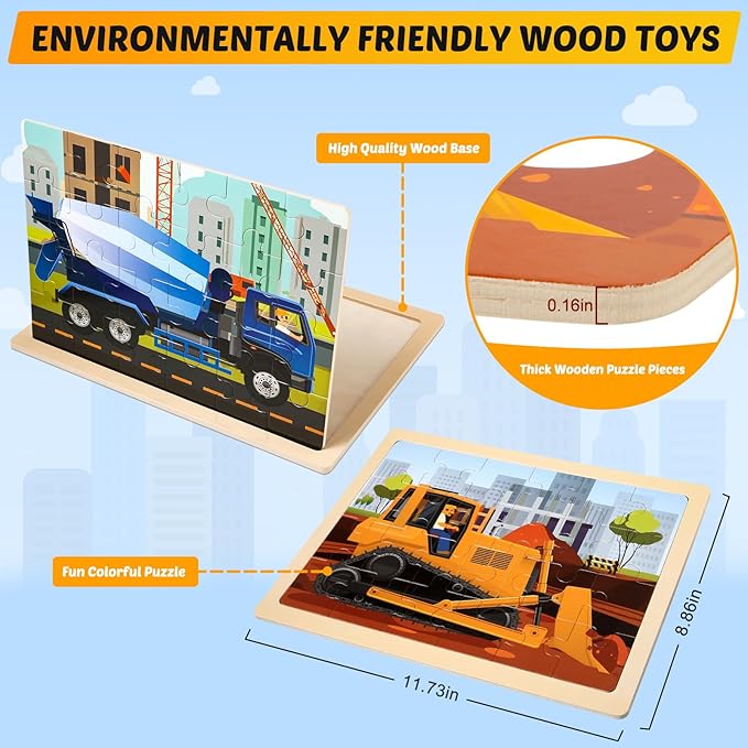 Wooden Vehicle Puzzles for Kids Age 3 4 5 Year Old, 4 Pack 24 Pcs Montessori Toddler Jigsaw Puzzles for Girl boy Activities Preschool Learning Educational Birthday Gift Travel Autistic Wooden Toys