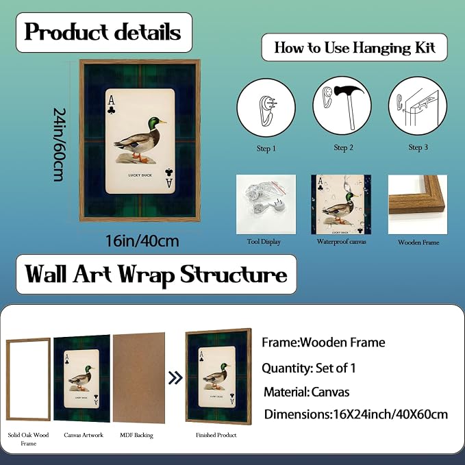 Vintage Mallard Duck Wall Art Cottage Core Hunting Lucky Duck Wall Decor Picture Dark Wildlife Playing Card Poster Canvas Print Painting for Farmhouse Bedroom Living Room 16x24 inch Wood Framed