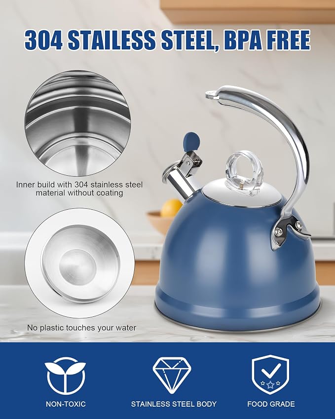 Harriet Tea Kettle Stovetop, 2.5 Quart Whistling Stainless Steel Tea Pot, 3-Layer Base, Unique Ergonomic Handle, Includes Pot Holder & Mat, Electric/Induction/Gas Stovetops Applicable, Blue