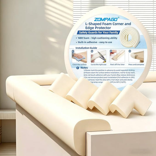 ZOMPAGO Baby Edge Protector 1 Roll (6.56FT) & 4 Corner Guards - White Foam Furniture Corner Protectors - Baby Proof Corners and Edges for Table, Wall, Bed Frame - Baby Proofing Safety Bumpers