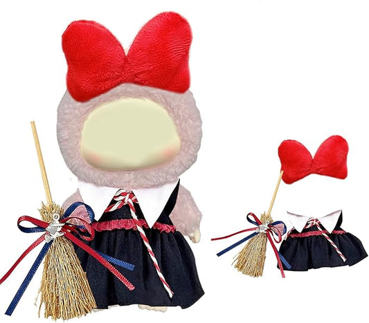 Witch Broom Set for Labubu, Halloween Witch Dress with Bow Hair Clip and Broomstick for Labubu Clothes, Cute Comic Style Costume