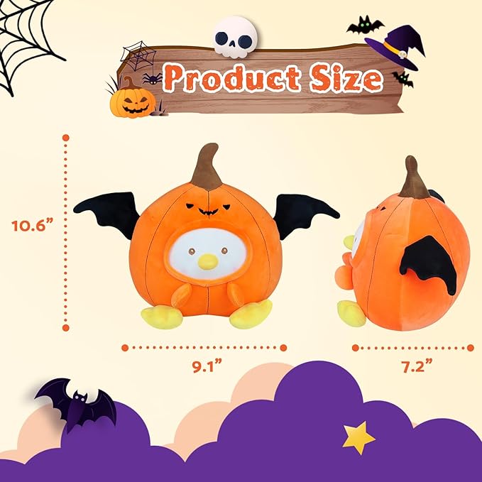 Halloween Pumpkin Pillow Decor, 9.8 Inch Cute Plush Toy, Cute Pumpkin Stuffed Animal, Modern Fall Home Decor, Soft Fluffy Squishy Plushie with Bat Wings