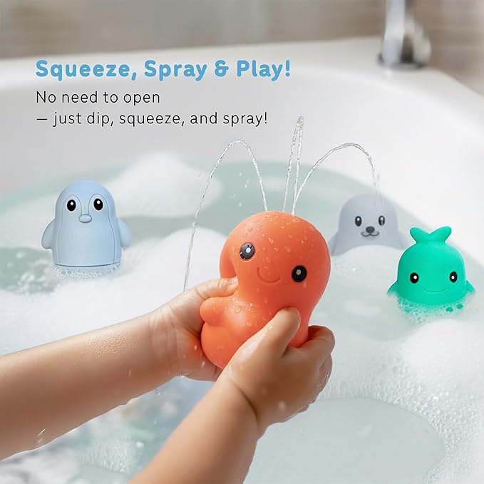 Ocean Friends Bath Toy Set, 6-Piece Silicone Baby Bath Toys for Ages 9 Months+, Soft Food-Grade Silicone, Easy to Clean, Cute Ocean Animals