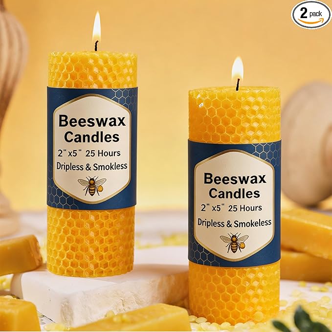2 Pack Beeswax Pillar Candles, 2x5in Pure Natural Honeycomb Beeswax Candles Bulk, Unscented Bees Wax Candle for Home,Prayer,Dripless Smokeless Organic 100% Pillar Candles