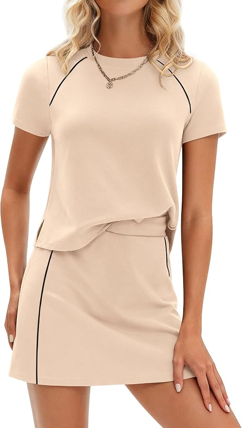 PRETTYGARDEN Women's 2 Piece Skirt Sets Matching Clothing | Short Sleeve Shirts,Color Block Tops,Mini Skirts with Shorts Pockets,Skort Set,Workout Active Wear,Tennis Golf,Summer Outfits