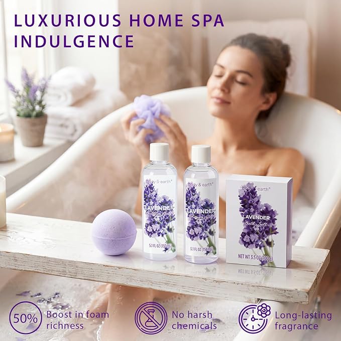 BODY & EARTH Spa Gift Baskets for Women 11pcs Lavender Gift Sets with Bubble Bath, Shower Gel, Body Lotion, Mom Birthday Gifts, Spa Kit, Purple Gift for Her, Christmas Gifts