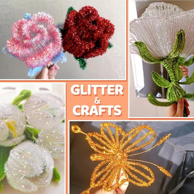 GAGANIU 1000pcs Pipe Cleaners, Pipe Cleaners for Crafts, Craft Supplies Multicolor Chenille Stems for Art&Craft Christmas DIY Projects(Silver Glitter)