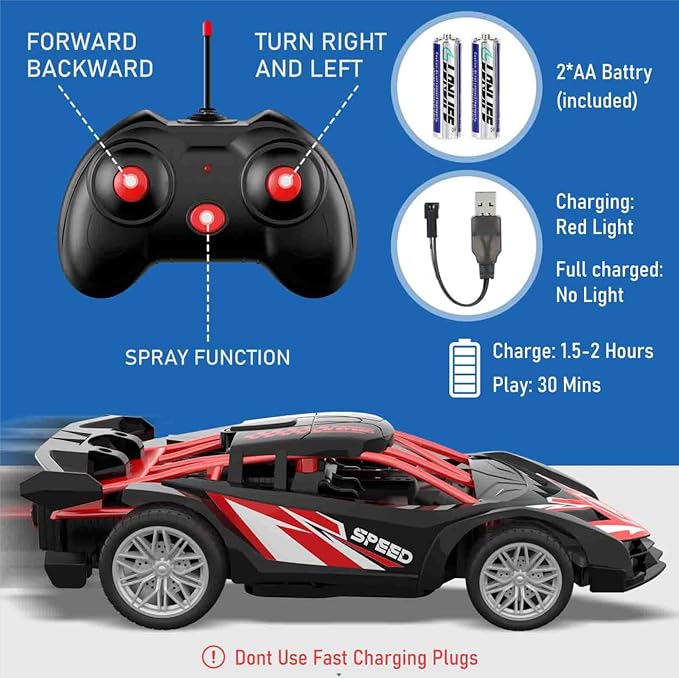 1/18 RC Car for Kids with Rechargeable Battery, LED Lights & Spray - Remote Control Car for Boys, Small RC Drift Cars for Ages 4-7 (Black & Red)