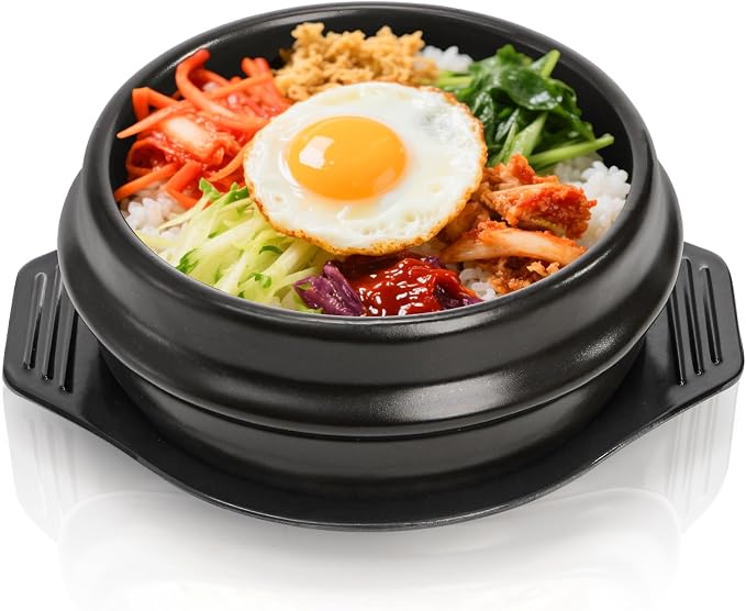 37 Oz Korean Stone Bowl with Tray | Ceramic Pot Set Dolsot Bibimbap Sizzling Hot Pot, Korean Cooking Soup Cookware for Restaurants, Rice, Soup, Noodle