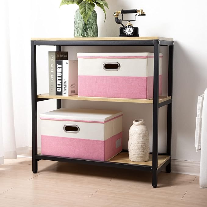 Large Collapsible Storage Bins with Lids [3-Pack] Fabric Foldable Storage Boxes Organizer Containers Baskets Cube with Cover for Home Bedroom Closet Office Pink&Cream(17.7x11.8x11.8)
