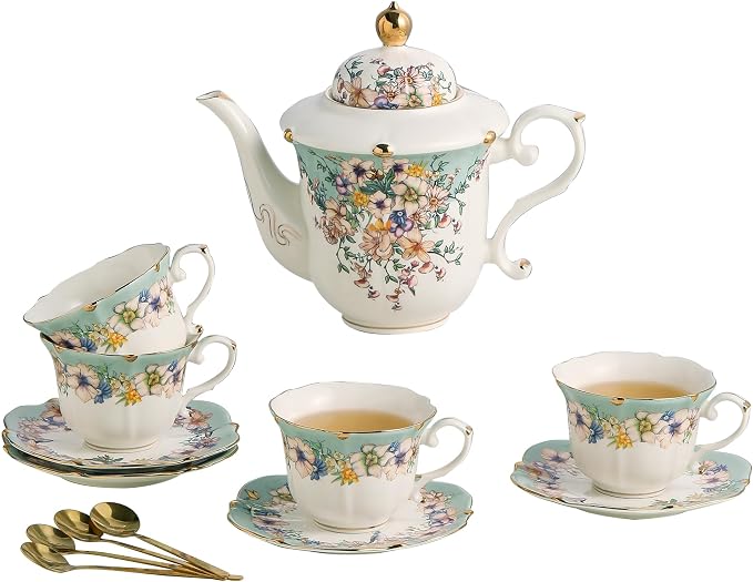 TATSUMI Country Roses Porcelain Tea Set, European Ceramic tea set for adults,Vintage Style, For Women and Tea Parties (Dutch Blue, 13 Pieces Set)