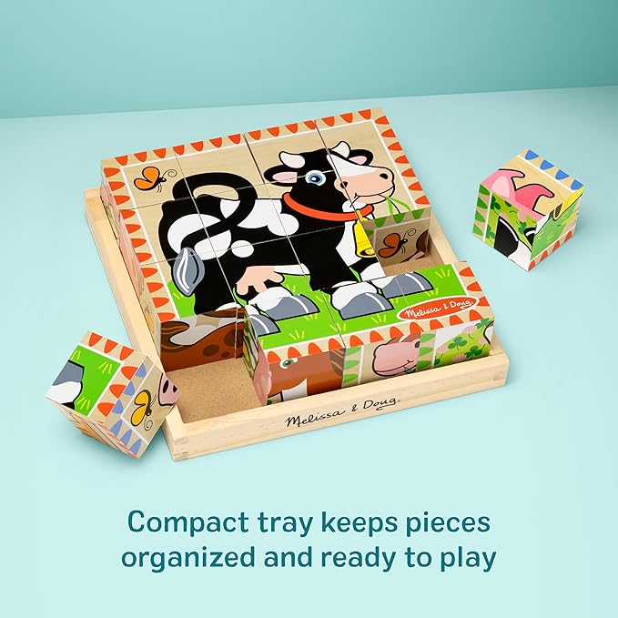 Melissa & Doug Farm Wooden Cube Puzzle with Storage Tray – 6-in-1 Animal Puzzle for Toddlers and Preschoolers – 16 Wooden Cubes – Farm Toy for Kids Ages 3+ - FSC Certified