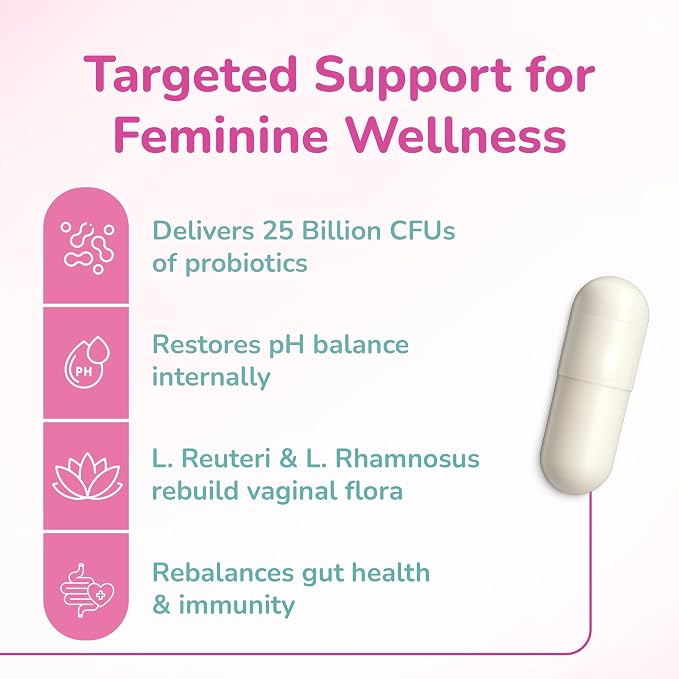 Vaginal Probiotic Oral Capsules for Women | 25 Billion CFU's Lactobacillus Reuteri & Rhamnosus | Helps pH Balance & Vaginal Microbiome Health | Non-GMO, Vegan, USA
