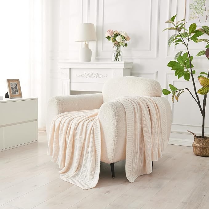 Douceur Cream Throw Blanket for Couch, Soft Cozy Lightweight Stripe Pattern Knitted Throw Blanket for Sofa, Living Room, 50"X60"