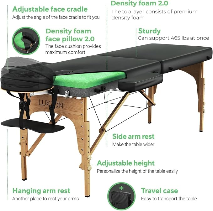 Premium Foam Massage Table Portable Foldable Massage Bed Height Adjustable, 72 Inches Long 27 Inches Wide Home Salon Spa Bed Tattoo Table with Accessories & Rolling Case, Easy Set Up