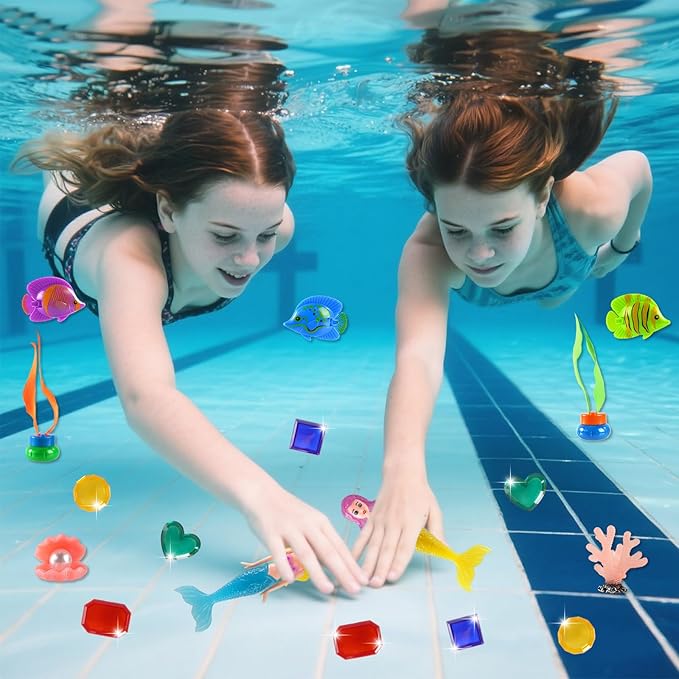 AMZFAVOR Diving Pool Toys for Kids Ages 4-12, 27 Pcs Mermaid Pool Toys with Gem Pirate Treasure and Chestand Storage Bag, Swimming Training Game Toy Summer Beach Party Gifts for Boys Girls Toddlers
