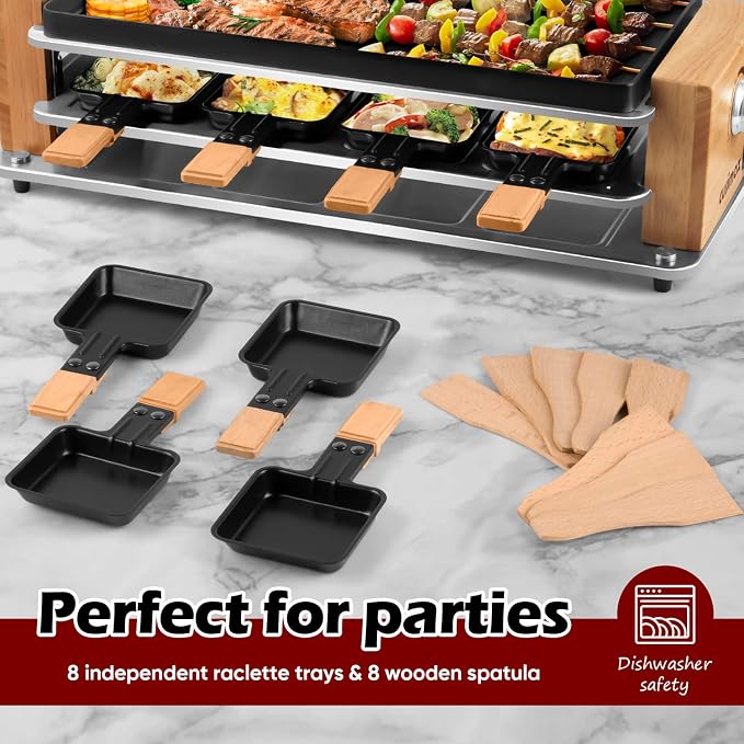 Raclette Table Grill, CUSIMAX Electric Indoor Grill, Korean BBQ Grill, 950W | Removable 2in1 Non-Stick Grill Plate/Temperature Adjustable/8 Cheese Pans & Wooden Spatulas/Wooden Base/Double-layer Design