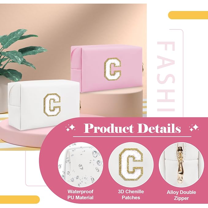 Small Personalized Initial A-Z Preppy Patch Makeup Bag,White PU Chenille Letter Travel Cosmetic Pouch with Zipper,Cute Toiletry Bag,Gift Ideal for Teen Girls Women Teacher Bridesmaid,Letter C