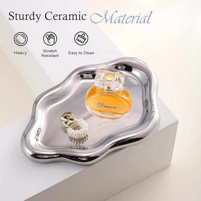 CCINPPY Ceramic Cloud Jewelry Tray Trinket Dish Key Bowl Nightstand Decor | Decorative Small Desk Tray Jewelry Plate Key Holder Bowl Cute Bedroom Room Decor Aesthetic, Gift for Women, Silver Medium