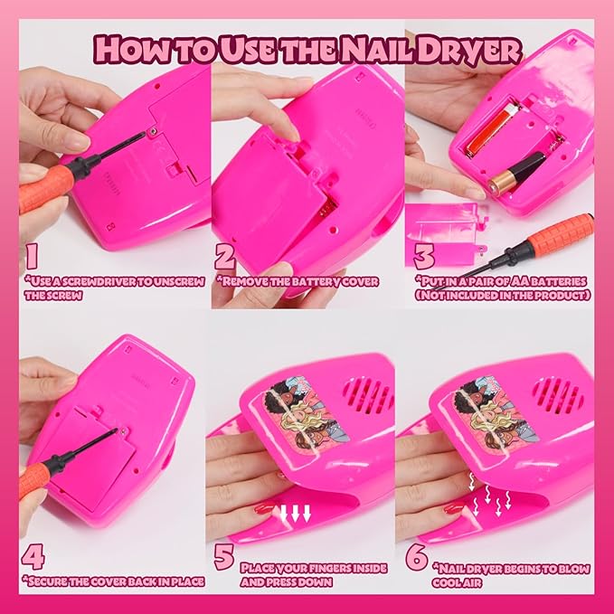 Barbie -Townley Girl Non-Toxic Peel-Off Water-Based Safe Nail Polish Set with Nail Dryer for Kids, Batteries Not Included, Ages 3 and Up