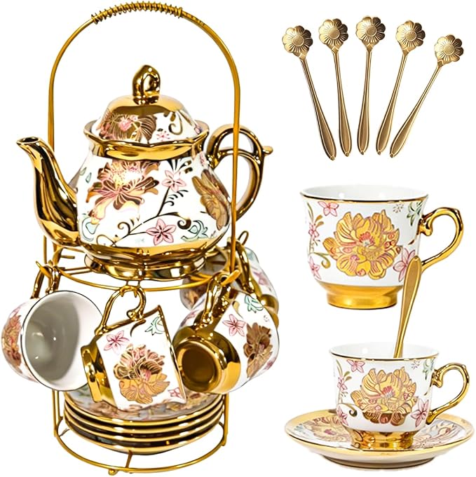 CHANJOON Gold Plated Red Rose Ceramic Tea Set, Vintage Tea Sets with Teapot, Beautiful Tea Set Coffee Serving 6 People (pink, Medium)