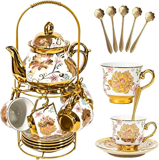 CHANJOON Gold Plated Red Rose Ceramic Tea Set, Vintage Tea Sets with Teapot, Beautiful Tea Set Coffee Serving 6 People (pink, Medium)