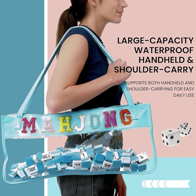 Empty Mahjong Bag -Hand-Embroidered ，PVC Transparent Waterproof Tote Bag for American Tiles, Handheld Storage with Handle-Pink & Blue (pink)