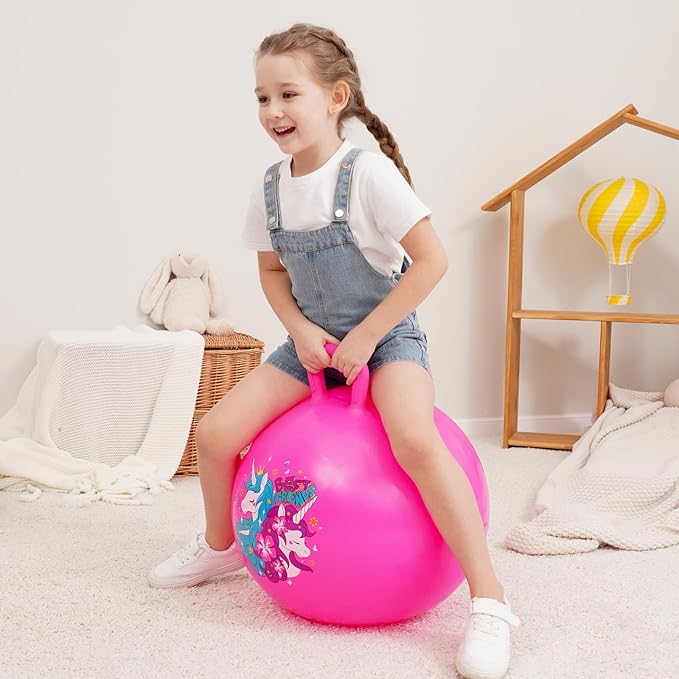 ZOOJOY Hopper Ball 2 Pack, 18 in Hopping Balls for Kids 3-8, Bouncy Ball with Handle for Boys & Girls Indoor Outdoor Play, Inflatable Bounce Hippity Hop Toys with Pump(Dinosaur & Unicorn)