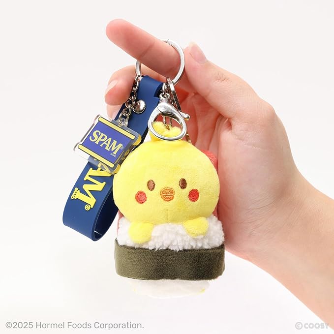 Anirollz Chickiroll SPAM® Musubi Plush Charm – Cute Mini Plush Keychain with SPAM® Can Charm & Lobster Clasp