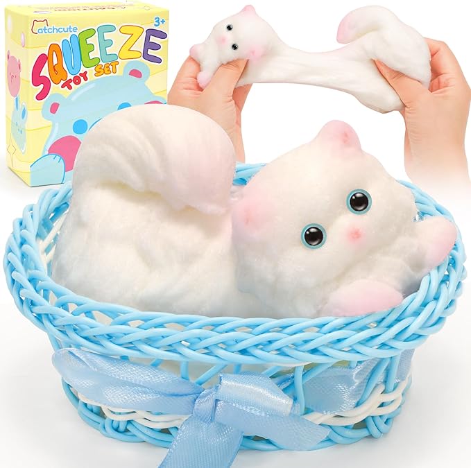 Big Squeeze Cat Toys with Basket,Soft Cat Squishies Sensory Fidget Toys for Stress Anxiety Relief, Sticky Toys Party Favors Christmas Birthday Gift for Kids Teens
